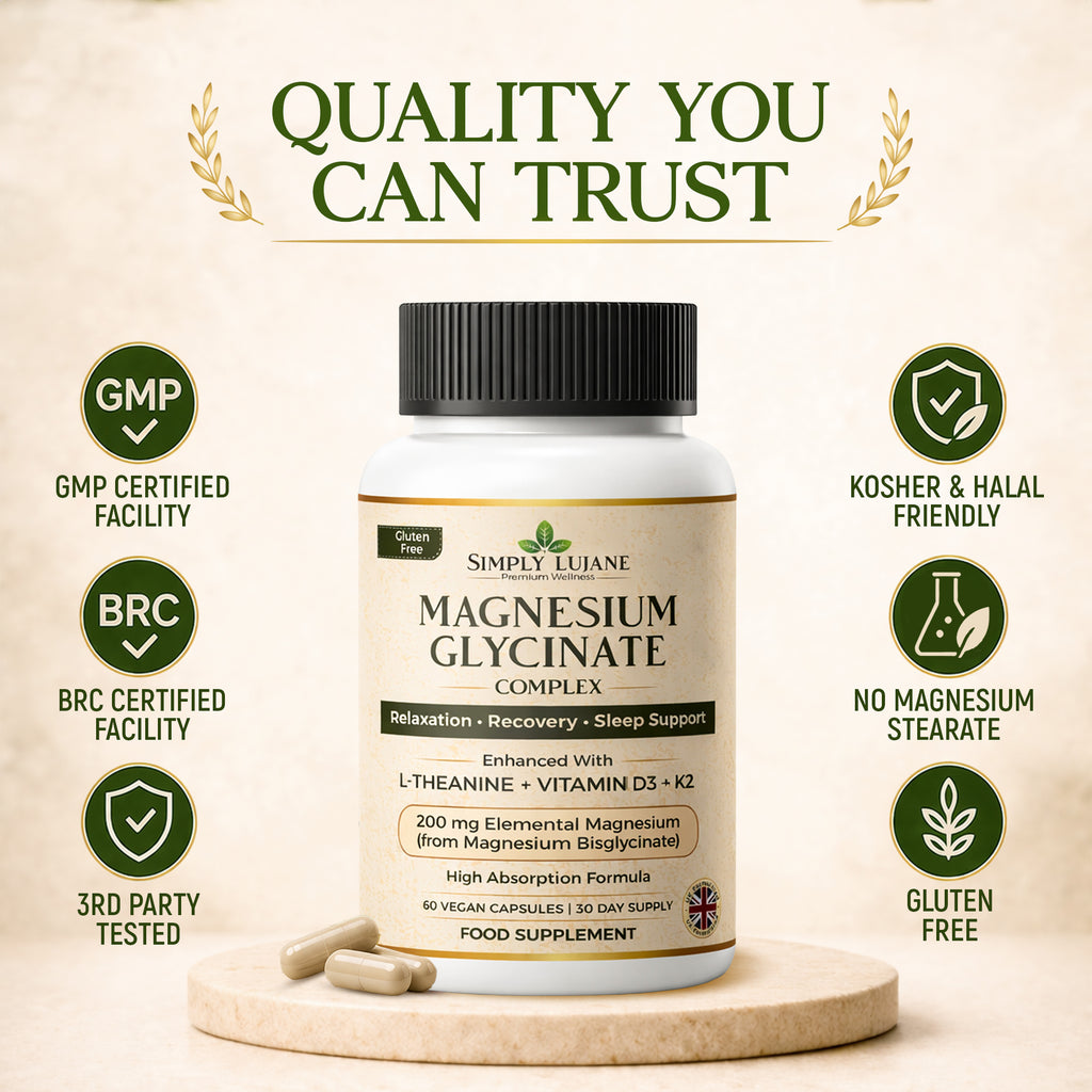 Simply Lujane Magnesium Glycinate Complex 200mg with L-Theanine, Vitamin D3 & K2, High Absorption Magnesium Bisglycinate, 60 Vegan Capsules