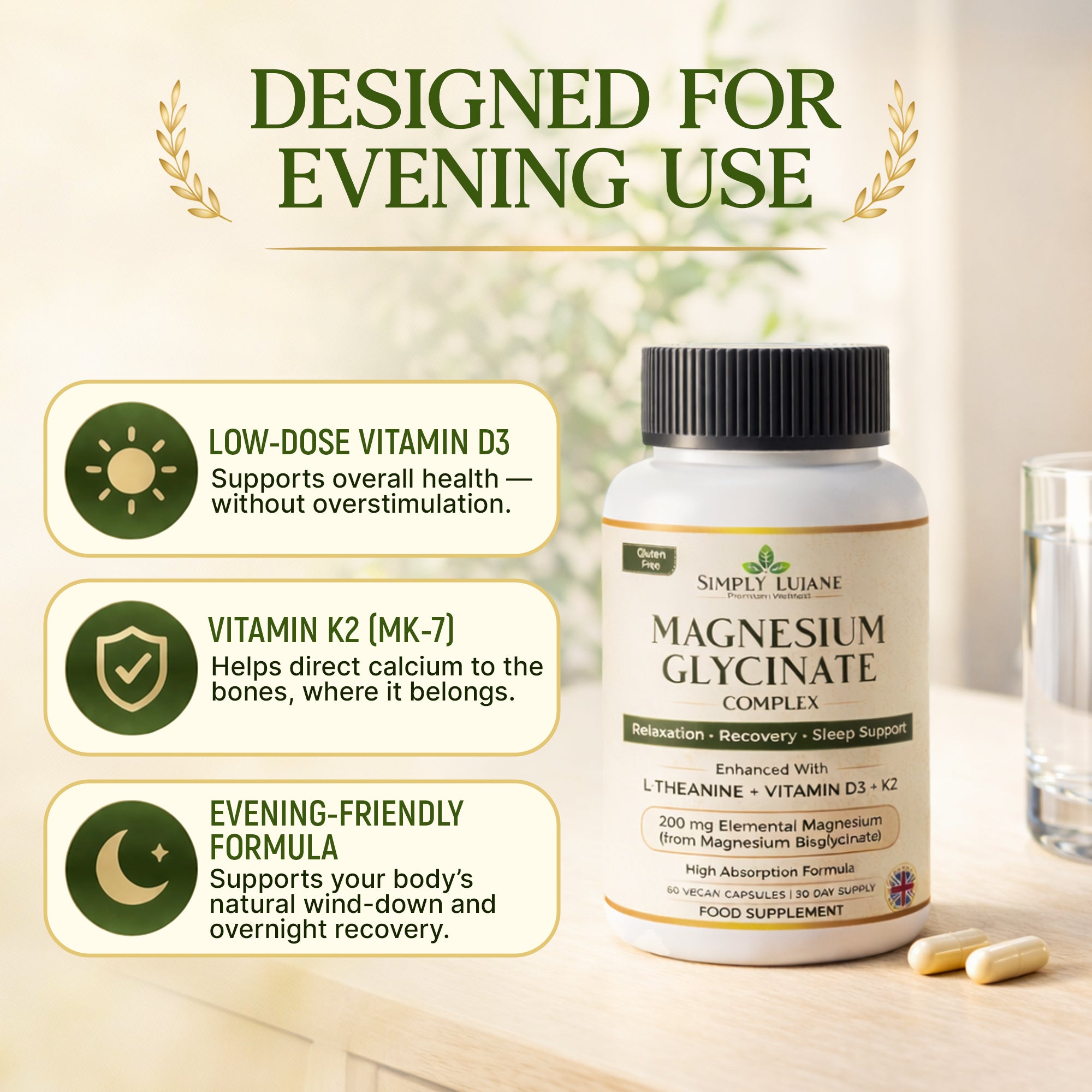 Simply Lujane Magnesium Glycinate Complex 200mg with L-Theanine, Vitamin D3 & K2, High Absorption Magnesium Bisglycinate, 60 Vegan Capsules