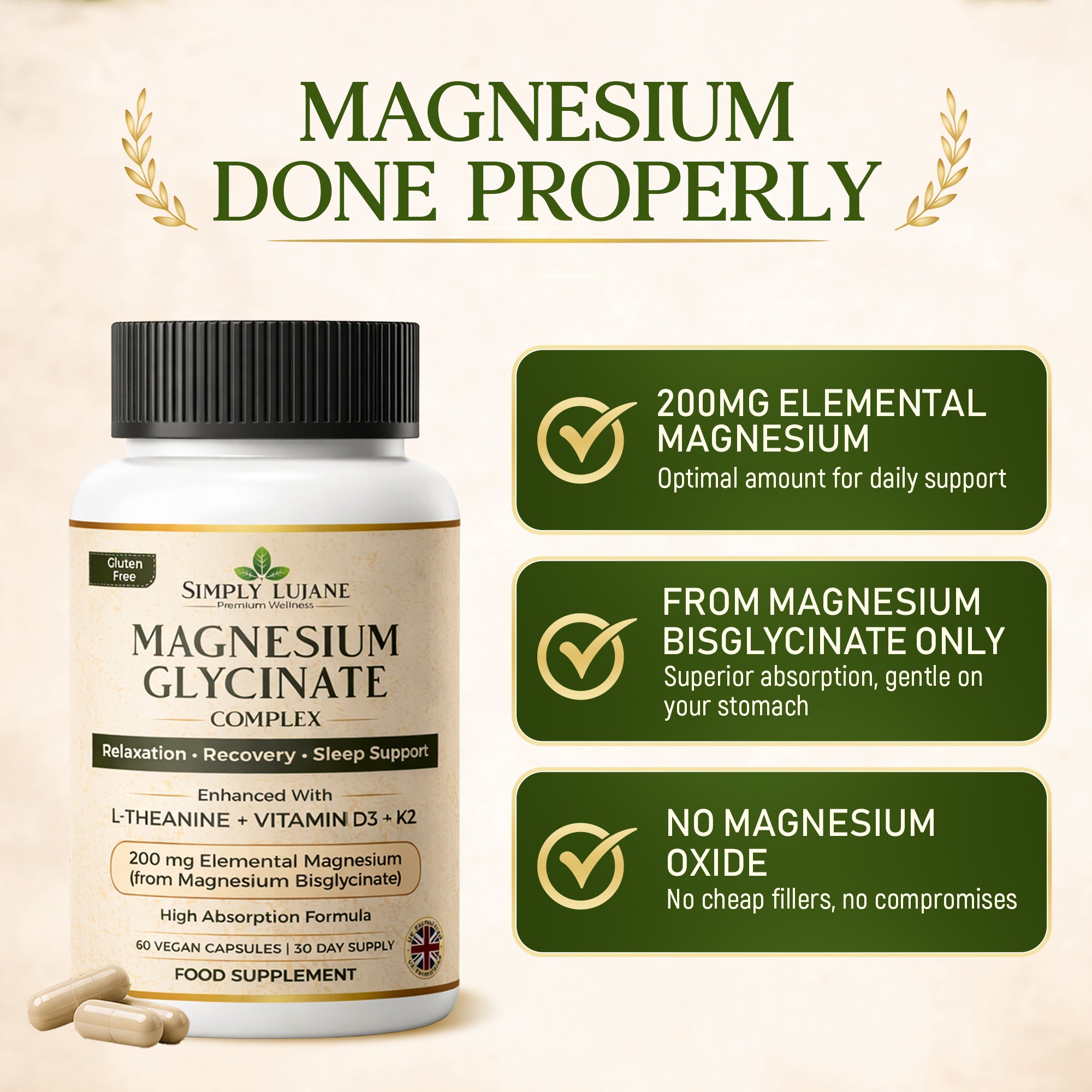 Simply Lujane Magnesium Glycinate Complex 200mg with L-Theanine, Vitamin D3 & K2, High Absorption Magnesium Bisglycinate, 60 Vegan Capsules