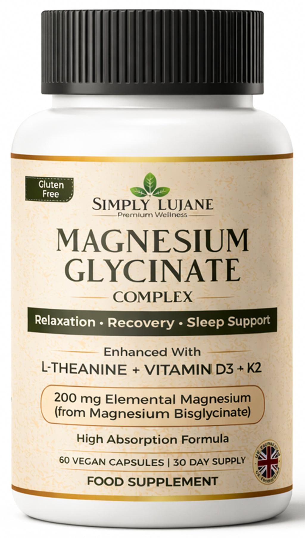 Simply Lujane Magnesium Glycinate Complex 200mg with L-Theanine, Vitamin D3 & K2, High Absorption Magnesium Bisglycinate, 60 Vegan Capsules