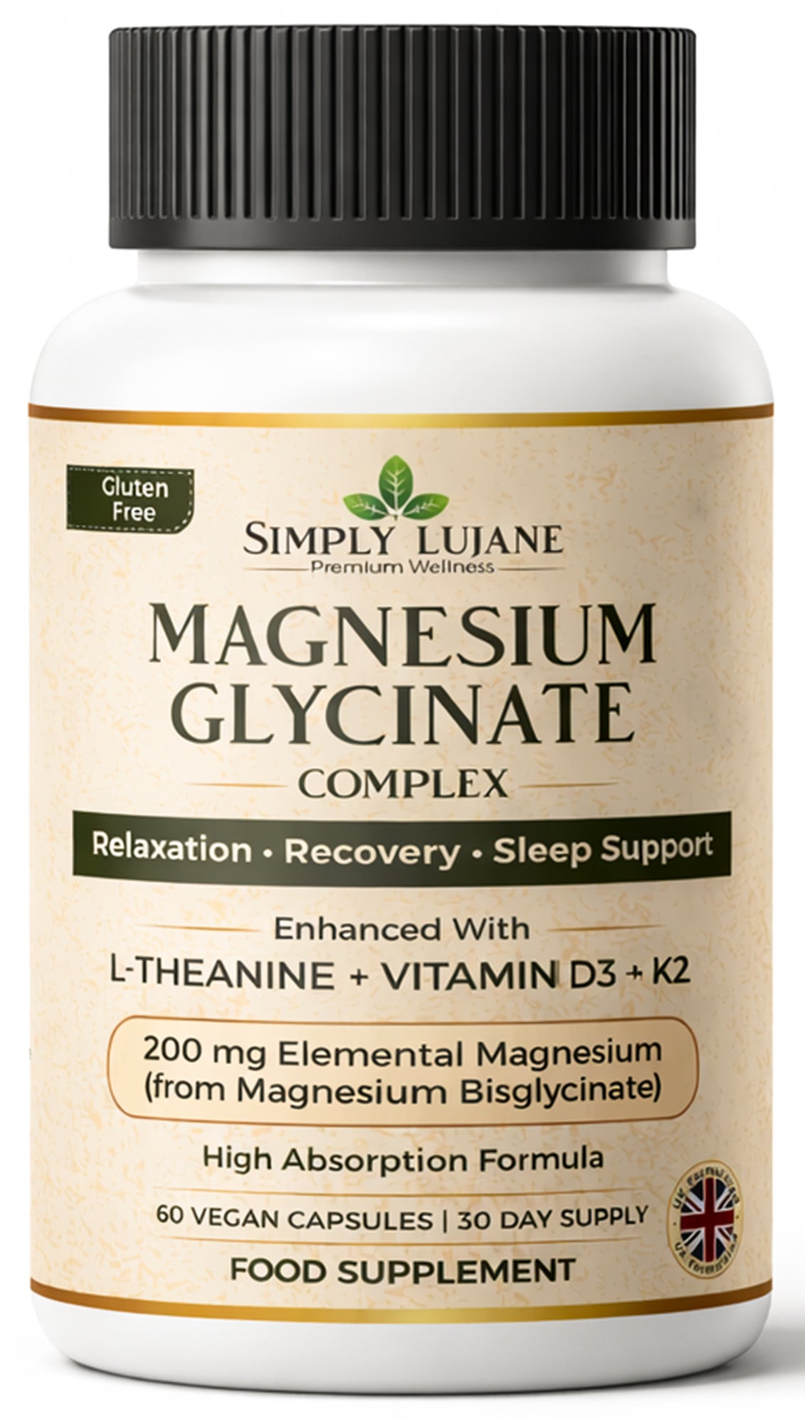 Simply Lujane Magnesium Glycinate Complex 200mg with L-Theanine, Vitamin D3 & K2, High Absorption Magnesium Bisglycinate, 60 Vegan Capsules